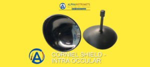 "Innovative Corneal Shield by Alpha Surgicals: Two stainless steel pieces with handles, a groundbreaking creation in ocular protection