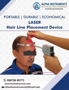 Alpha Surgicals Instruments' Laser Hairline Device in action – A precision laser machine automatically drawing a natural hairline on the patient's head during a revolutionary hair transplant surgery."