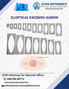 "Elliptical Excision Guider Templet - Small Size: Designed for precise excision of small skin lesions such as moles."Elliptical Excision Guider Templet - Medium Size: Suitable for removing moderate-sized acne scars and dermatosis papulosa nigra (DPN).""Elliptical Excision Guider Templet - Variety of Sizes: Different sizes of templet designed by Alpha Surgicals Instruments for various dermatological procedures.""Alpha Surgicals Instruments' Innovative Elliptical Excision Guider Templet: A range of sizes available for precise and efficient excision on the skin."